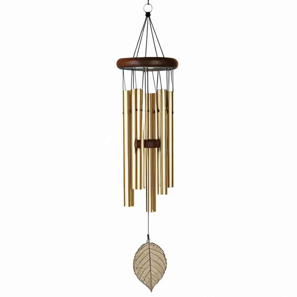 Campana de Viento Dorada con Hoja Decorativa