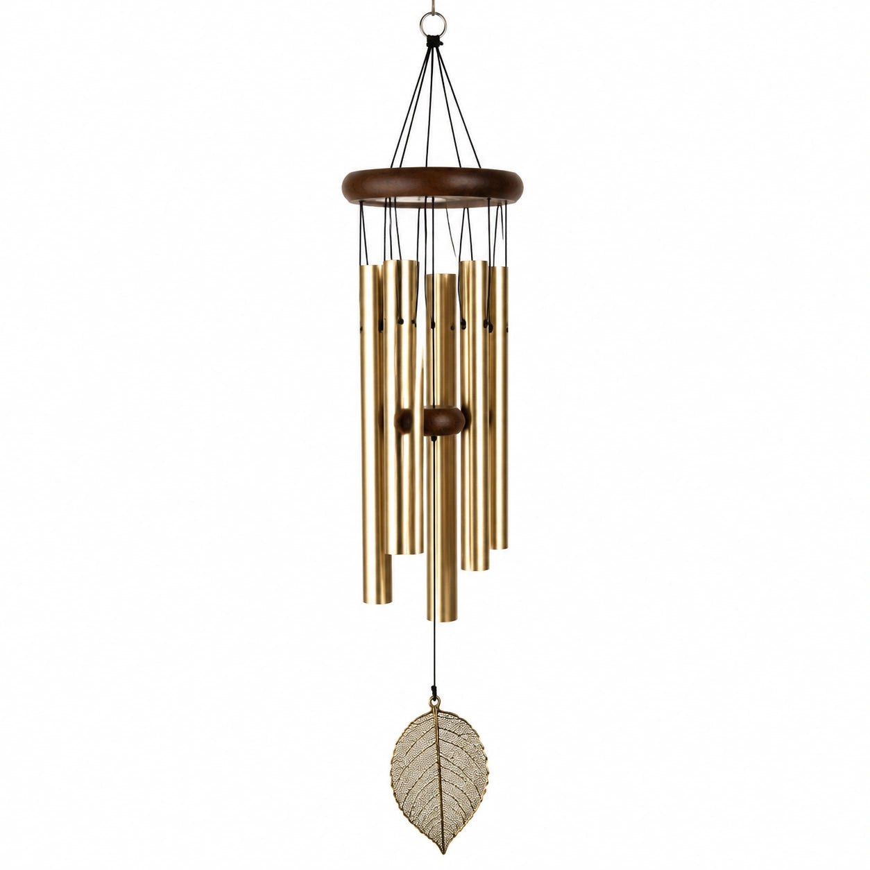 Campana de Viento Dorada con Hoja Decorativa