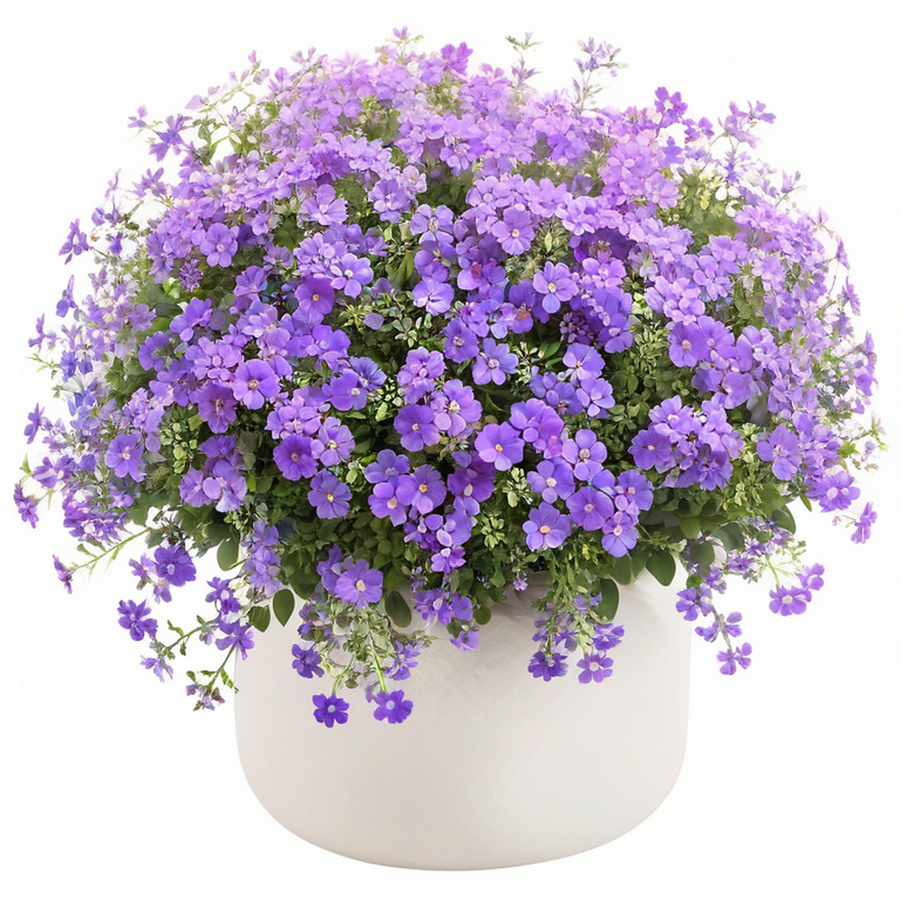 Planta Artificial Decorativa con Flores Moradas en Maceta Blanca