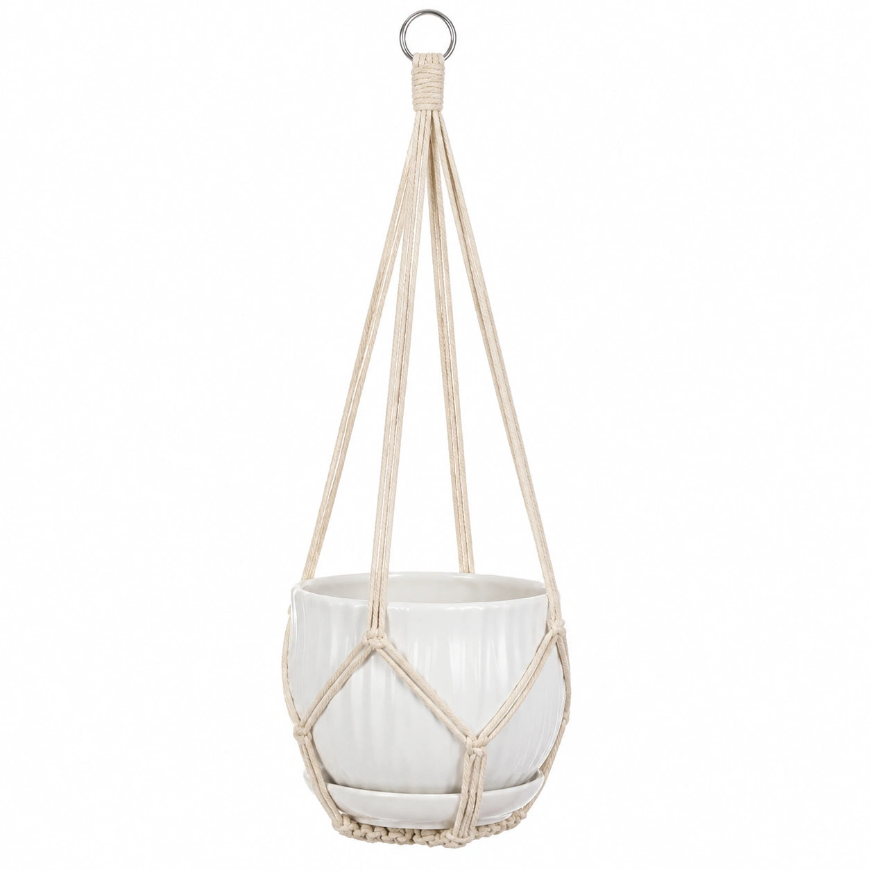 Macetero Colgante con Soporte de Macram¨¦ Blanco y Beige