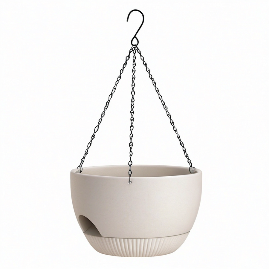Macetero Colgante Beige con Cadena de Metal y Drenaje
